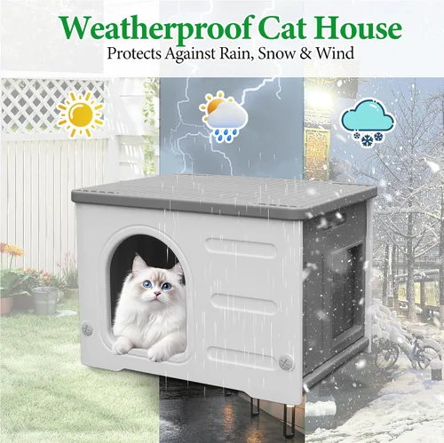 Miniatura 7 de Casa impermeable para gatos al aire libre, casa de plástico para gatos con puerta de escape y alfombrilla suave, refugio grande para gatos
