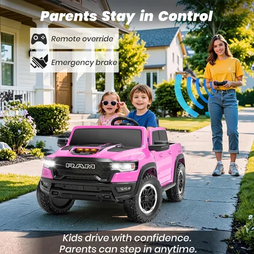 Miniatura 2 de RAM 1500 RHO 24V con licencia, coche de montar para niños de 2 plazas, coche rosa para niñas con control remoto, coche eléctrico para niños