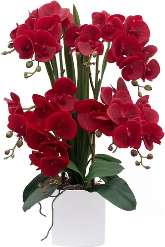 Miniatura 10 de CXGS Planta de orquídeas artificiales de tacto real, orquídeas falsas en jarrón de cerámica, naranja, 19.7 pulgadas, arreglo floral falso
