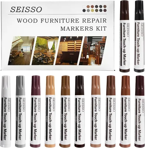 SEISSO Marcadores de retoque de muebles, kit de reparación de madera para muebles, marcadores de retoque de madera de 12 colores para arañazos, kit