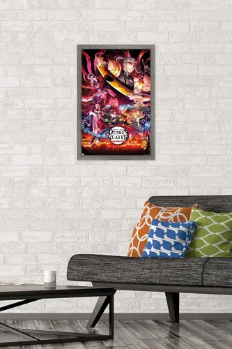 Miniatura 2 de Demon Slayer - Póster de pared Key Visual 1, 22.4 pulgadas de largo x 14.7 pulgadas de ancho, versión enmarcada de madera de granero