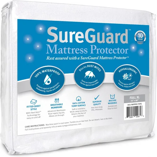 Miniatura 7 de Protector de colchón de SureGuard, 100% impermeable, hipoalergénico, de algodón de primera calidad, gemelo, Blanco