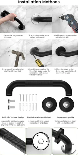 Miniatura 6 de Barras de seguridad para baño de acero inoxidable (paquete de 2) de 12 pulgadas y 1.25 pulgadas de diámetro, moleteadas, color negro mate