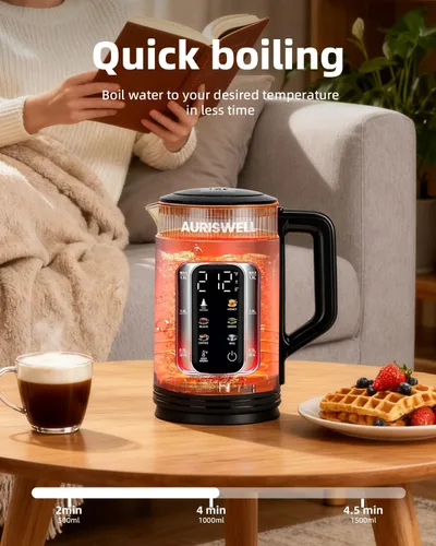 Miniatura 2 de Tetera Eléctrica Auriswell con Control de Temperatura, Hervidor de Agua Inteligente de Vidrio para Té, Café y Hervir, Apagado Automático, Mantener