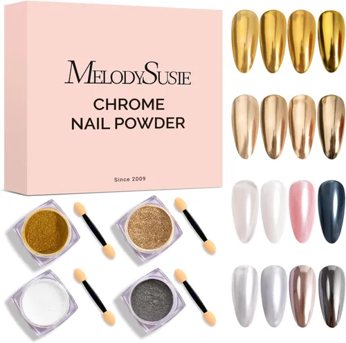 Miniatura 17 de MelodySusie Polvo para Uñas Oro Champán con Efecto Cromo para Uñas de Gel, Pigmento Metálico con Efecto Espejo, Purpurina Fina Elegante