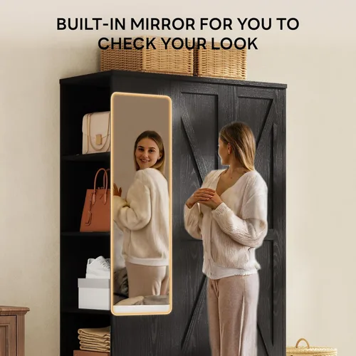 Miniatura 4 de LIKIMIO Armario Armario de 70 pulgadas, gran almacenamiento con espejo, 2 puertas, cajón y estantes, moderno dormitorio independiente de madera Negro