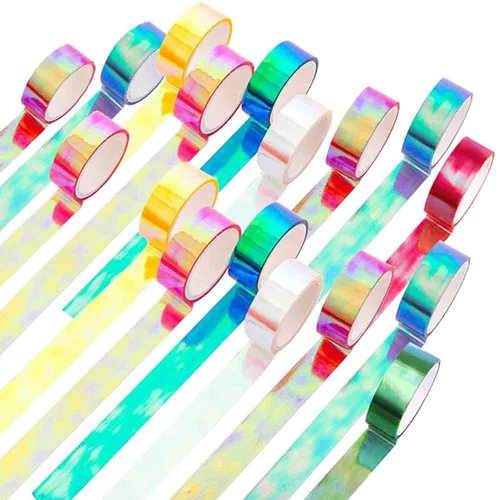 KISSBUTY - Juego de cinta adhesiva holográfica de colores, 20 rollos de cintas de etiquetado translúcidas, decorativas, impermeables, adhesivas,