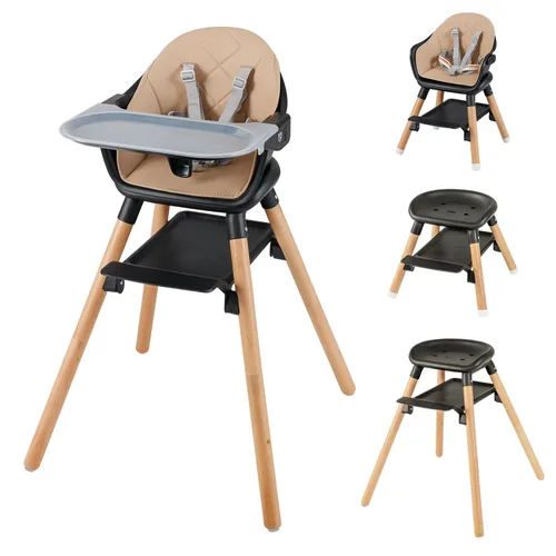 Miniatura 14 de BABY JOY Silla alta para bebé, silla alta convertible 6 en 1 de madera para bebés y niños pequeños con patas ajustables, doble bandeja extraíble