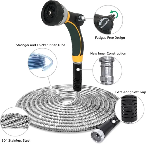 Miniatura 2 de TheFitLife - Manguera de jardín de metal flexible, diseño mejorado resistente a fugas y deshilachados, manguera de agua de acero inoxidable