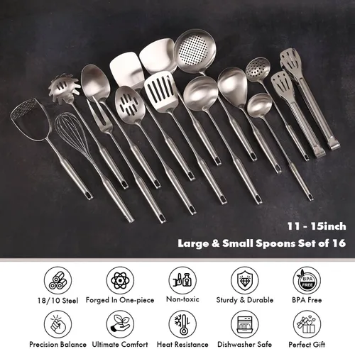 Miniatura 3 de Juego de utensilios de cocina de acero inoxidable 18/10, 16 cucharas de cocina pequeñas y grandes de metal, utensilios para servir, batidor, 16
