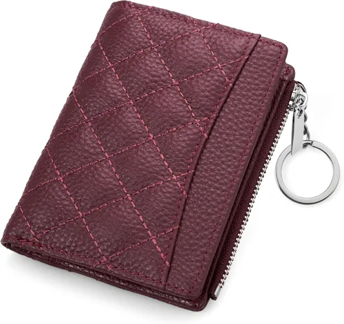 Miniatura 9 de befen Cartera delgada de cuero auténtico con RFID, billetera de dos pliegues para mujer con bolsillo con cremallera y llavero, Negro, Talla única