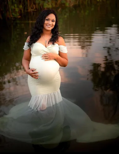 Miniatura 3 de ORQ Vestido de gasa de maternidad con hombros descubiertos para accesorios de fotos, vestido maxi de fotografía para sesión de fotos