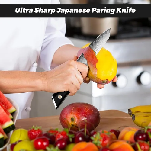 Miniatura 4 de SHAN ZU Cuchillo de pelar Damasco Cuchillo de fruta de 4 pulgadas Cuchillos de cocina profesional, Cuchillos de tallado de frutas de Damasco japonés