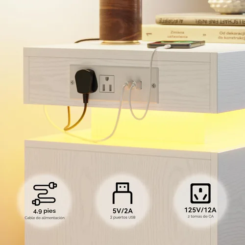 Miniatura 6 de LIKIMIO Mesita de noche con estación de carga, mesita de noche moderna en negro con luz LED y cajones, mesas de cabecera/mesa auxiliar