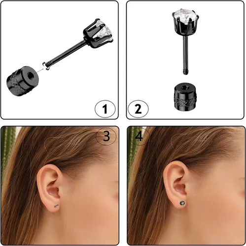 Miniatura 4 de LOYALLOOK Aretes tipo dormilona de acero quirúrgico con circonita cúbica para mujeres y hombres, chapados en oro de 14 quilates, aretes pequeños