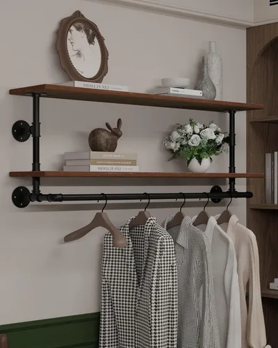 Miniatura 20 de Perchero negro de 36 pulgadas, perchero montado en la pared con estante de madera real negra, perchero colgante resistente, barra para colgar