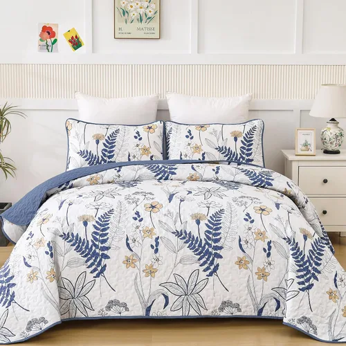 Miniatura 12 de Anibedding Juego de edredón azul tamaño King, 3 piezas reversible, elegante patrón de hojas botánicas azules, colcha de microfibra suave para toda