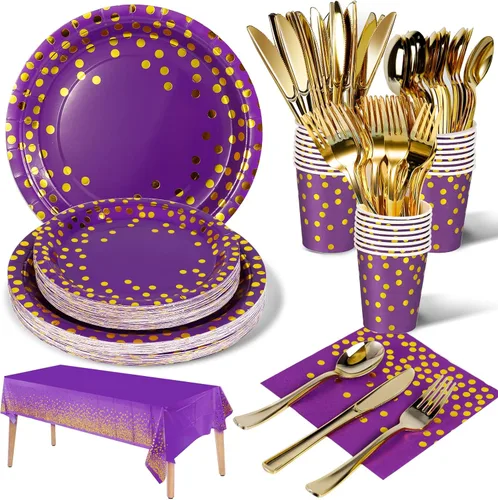 Nkaiso 141 Piezas Suministros de Fiesta Morado Dorado, Juegos de Decoraciones de Fiesta Desechables Incluyen Platos de Papel Servilletas Tazas,