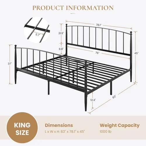 Miniatura 2 de SHA CERLIN Base de cama de metal tamaño King con cabecera y estribo de estilo victoriano, fácil montaje, no necesita somier, color negro