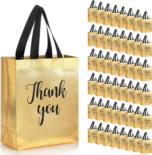Fumete 50 bolsas de regalo de agradecimiento doradas brillantes con asas de 8 x 4 x 10 pulgadas, bolsas de regalo reutilizables no tejidas para