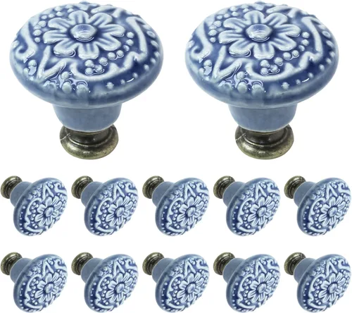 Miniatura 7 de Biaungdo 12 piezas de pomos y tiradores de gabinete de cerámica vintage redonda en azul claro para cajón, armario, puerta de armario