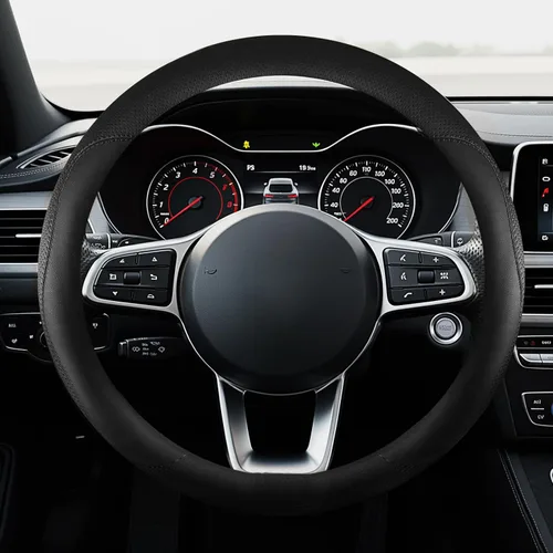 Funda de cuero para volante de automóvil, transpirable, perforada con láser, líneas dobles negras puras, textura premium, 14.5-15 pulgadas para