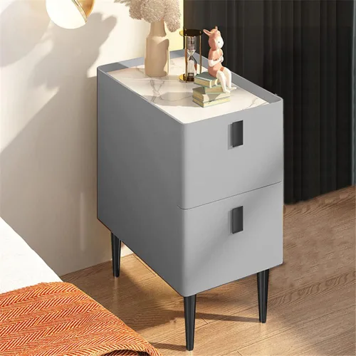 Miniatura 10 de Mesita de noche moderna de madera maciza con almacenamiento de 2 cajones, parte superior de mármol, práctica mesa auxiliar auxiliar para dormitorio