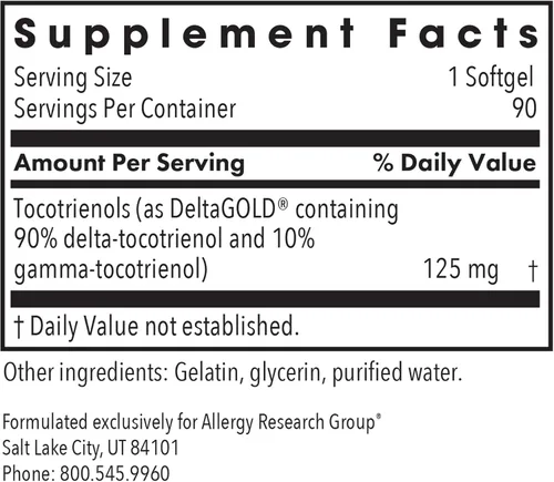 Miniatura 2 de Allergy Research Group - Delta-Fraction Tocotrienoles 125 mg - Vitamina E, Corazón/Cerebro - 90 cápsulas blandas