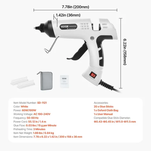Miniatura 7 de VEVOR Pistola de pegamento caliente, 60/100 W de doble potencia, mini pistola de pegamento caliente con 20 barras de pegamento premium y bolsa