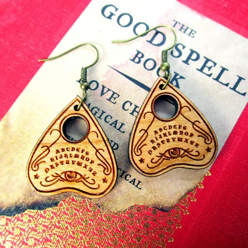 Miniatura 9 de Spirit Board - Aretes colgantes tipo planchette, hipoalergénicos de madera sin níquel, joyería de bruja de invocación de espíritu de mal de ojo