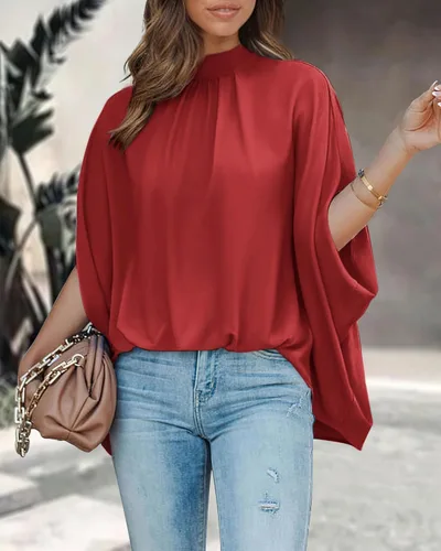 Miniatura 19 de BTFBM Blusas de verano para mujer, cuello alto falso, manga murciélago, holgadas, dobladillo alto y bajo, blusas informales de gran