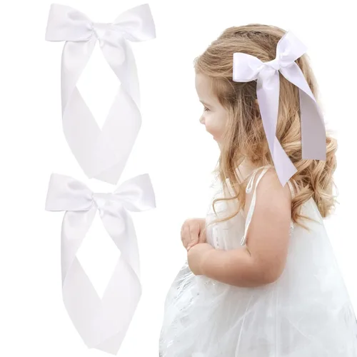 Miniatura 12 de 2 piezas de lazos largos de cinta para niñas, clip de pelo de seda, lazo de cinta para el pelo, accesorios para el cabello para bebés, niños Azul