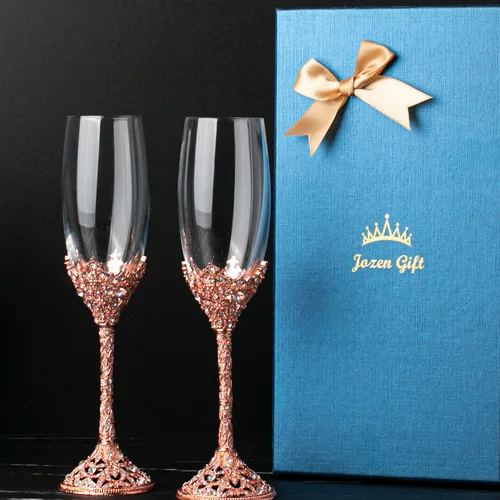 Miniatura 2 de Copas de champán - Juego de 2 pares de flautas de champán con base de metal de cristal y piedras de cristal, para brindis, aniversarios, bodas, Oro