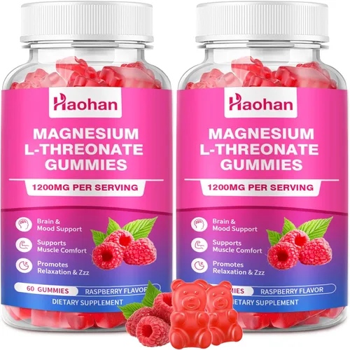 Gomitas de magnesio L-treonato de 1200 mg para apoyar la concentración y los músculos, sabor a frambuesa sin azúcar, 120 unidades para adultos y