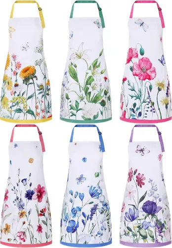 Miniatura 9 de Bencailor 6 delantales de cocina de verano con bolsillos, diseño de flores, gallo, abeja, mariposa, girasol, primavera, a granel para mujeres