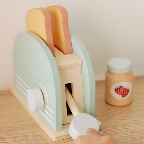 Miniatura 5 de Tostadora de madera para niños, juguete para hacer pan, accesorios de cocina Montessori para niñas y niños pequeños (fabricante de pan)