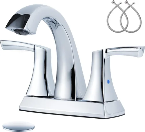 Miniatura 9 de VXV Grifo de baño de níquel cepillado, 2 manijas de arco bajo, grifos de lavabo de baño de 4 pulgadas con drenaje emergente y líneas de suministro