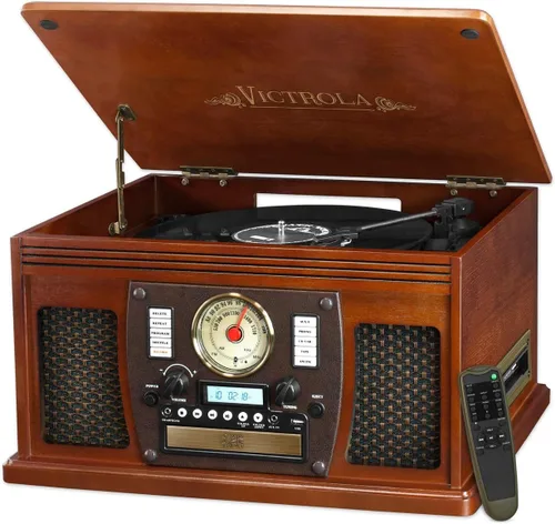 Victrola Navigator - Reproductor de discos Bluetooth 8 en 1 con altavoces integrados, tocadiscos de 3 velocidades, reproductor de CD, casete, radio