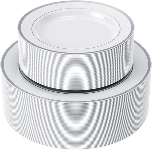 FOCUSLINE Juego de 102 platos de plástico plateados, desechables, resistentes, 51 platos llanos y 51 platos de postre, elegante plato de plástico