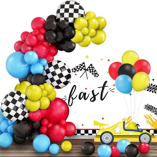 Kit de guirnalda de arco de globos de auto de carreras, globo de aluminio a cuadros rojo, amarillo, azul, negro, decoración de fiesta de cumpleaños,
