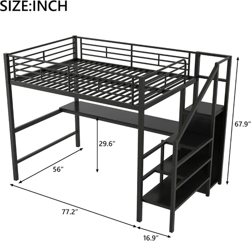 Miniatura 2 de Bellemave Cama tipo loft de metal de tamaño matrimonial con escritorio en forma de L, marco de cama tipo loft con luz LED, estación de carga