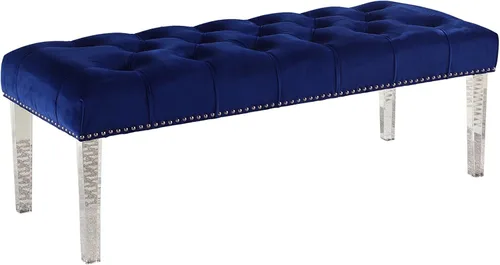 Yafelle - Banco tapizado de terciopelo de 48 pulgadas con asiento copetudo, borde plateado con cabeza de clavo y 4 patas de acrílico transparente,