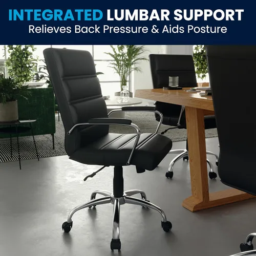 Miniatura 9 de Flash Furniture - Silla giratoria Whitney de respaldo medio con asiento acolchado y reposabrazos de LeatherSoft, silla de oficina ajustable en Negro