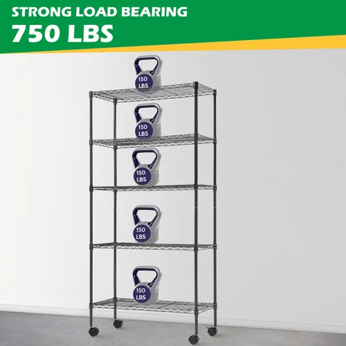 Miniatura 5 de Estantería de almacenamiento comercial de 14"x30"x60" Estantería resistente de 5 niveles con cable Estantería de alambre con ruedas Estantería