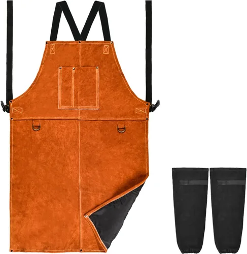 Delantal de trabajo de soldadura de cuero con mangas, resistente al calor y al fuego, delantal ignífugo resistente para barbacoa, ajuste ajustable