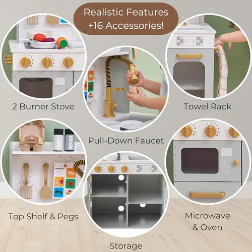 Miniatura 4 de Teamson Kids Little Chef Memphis - Juego de cocina de madera para niños pequeños con 16 accesorios, juego de cocina realista con horno microondas