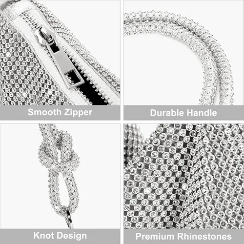 Miniatura 2 de Monederos con diamantes de imitación para mujer, elegante bolso de noche brillante, bolso de mano plateado brillante para fiesta