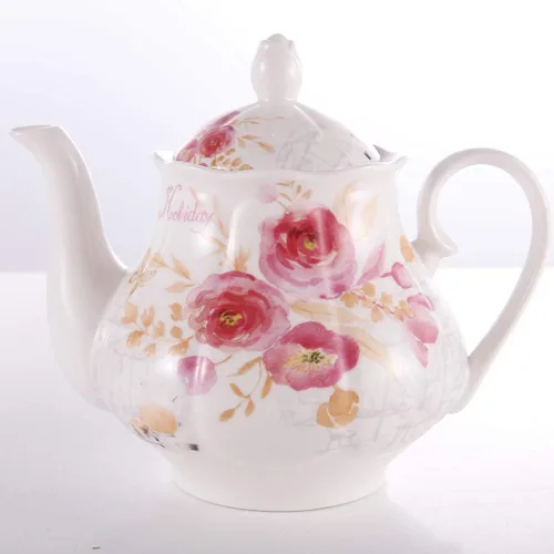 Miniatura 2 de Guangyang - Juego de té de porcelana de 15 piezas (calcomanía de flor de rosa), tetera de calabaza con 6 tazas y 6 platillos