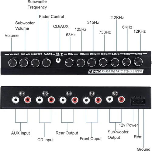 Miniatura 7 de Ecualizador de audio de coche de 7 bandas, amplificador de coche ajustable de 7 bandas ecualizador gráfico con interruptor de selección de entrada