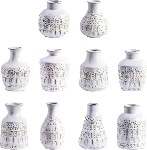 Yundu Juego de 10 jarrones de cerámica blanca, jarrones pequeños para flores, jarrones vintage para centros de mesa, decoraciones de mesa para bodas